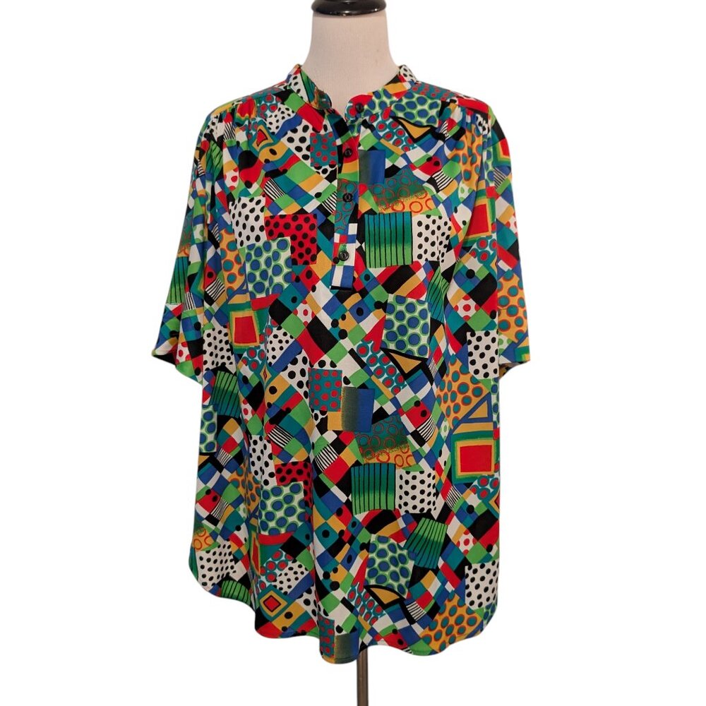 Top Notch Womens Plus Size 52/32W Vtg Colorful Abstract Print Button Up S/S Top